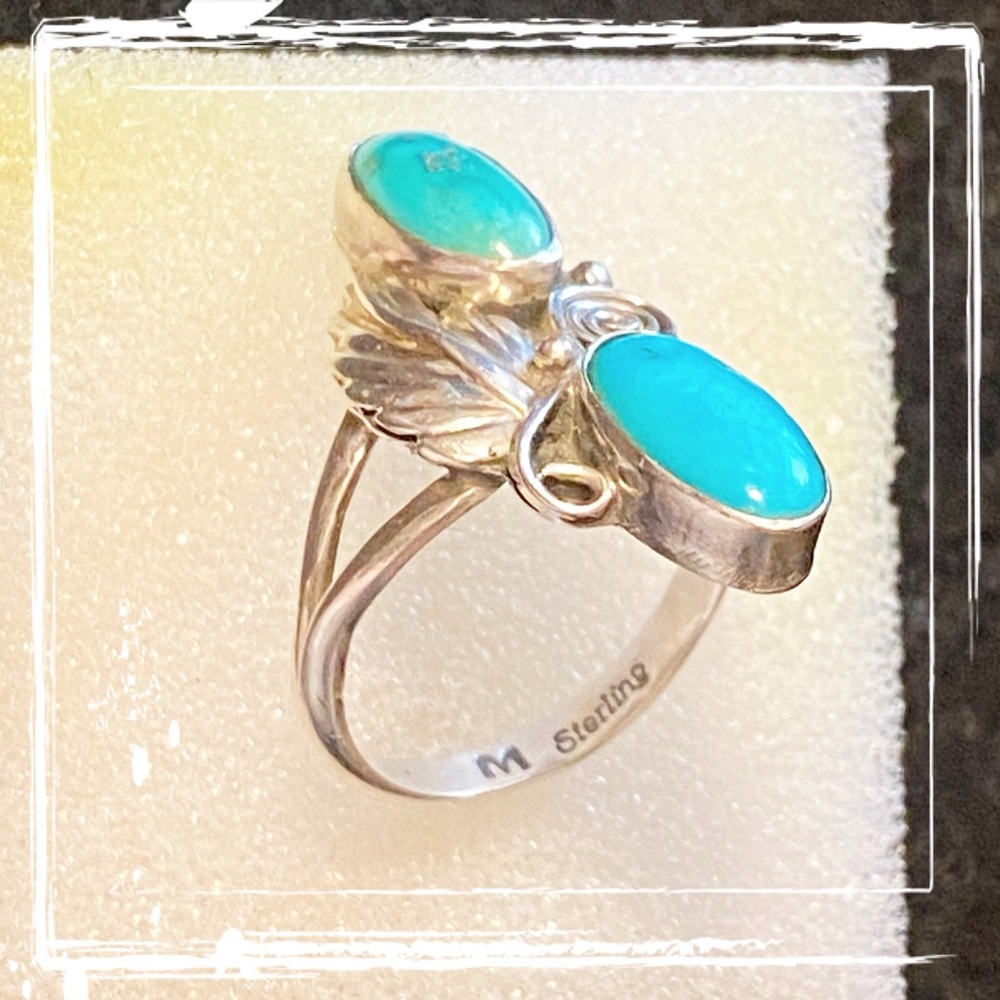 SIGNED-Navajo Sterling Silver Double Kingman Turquoise Ring, Vintage